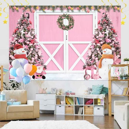 20 x 10 ft Christmas Photography Backdrop, Pink Xmas Tree Winter Snowing Christmas Hili Barn Door Photo Shoot Props Backround Party Banner Decoration - size: 20x 10 ft