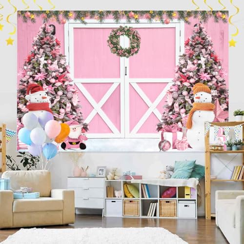 12 x 10 ft Christmas Photography Backdrop, Pink Xmas Tree Winter Snowing Christmas Hili Barn Door Photo Shoot Props Backround Party Banner Decoration - size: 12 x 10 ft