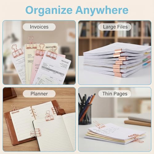 Binder Clips Rose Gold Hollow Long Tail Document Clamps, 6pcs Metal Spring Fasteners for Paper Stacks, Planner Notes, Desk Organization, Folding Handles for Easy Use - color: Rose Gold