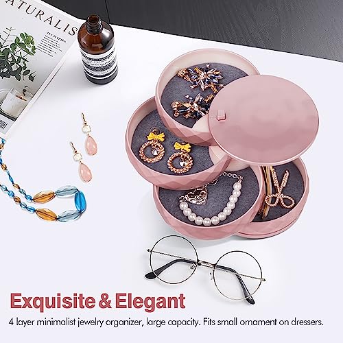 CONBOLA Travel Jewelry Case Box, Small Jewelry Organizer Earring Holder for Women, 5-Layer Rotating Jewelry Storage Tray with Lid for Bracelets Rings Bracelets - color: rose