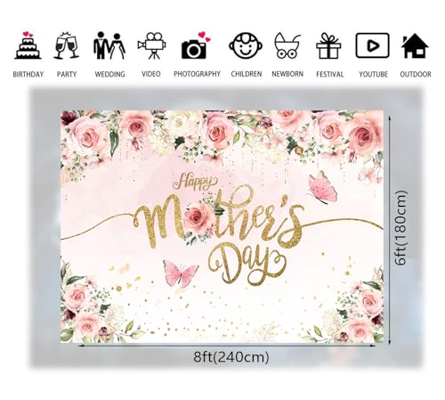 8x6ft Mother's Day Photography Backdrop Mothers Day Gold and Pink Flowers Photo Backdrop Mother's Day Brunch Decoratios Banner Background Studio Props 264 - size: 8x6ft