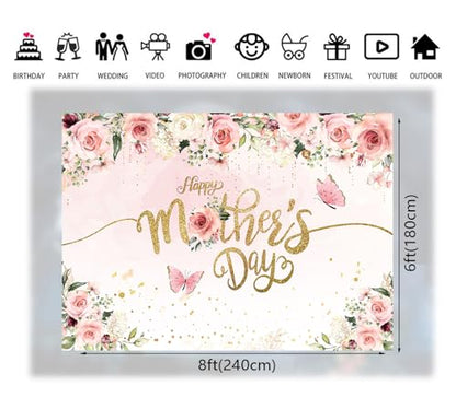 8x6ft Mother's Day Photography Backdrop Mothers Day Gold and Pink Flowers Photo Backdrop Mother's Day Brunch Decoratios Banner Background Studio Props 264 - size: 8x6ft