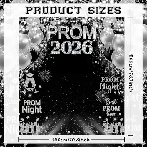 MEHOFOND Prom 2026 Backdrop Black Silver Graduation Photo Booth Background Banner, Congrats Grad Prom Night Photography Decor for Senior Prom Party 70.9x78.7in - color: Prom Silver