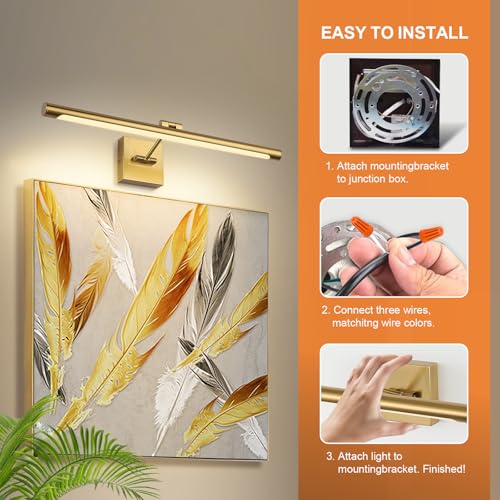 LED Picture Light Fixtures 24.4 Inches, Full Metal Artwork Wall Lamp with Single Swing Arm, 14W (70W Eqv.), Hardwired Connection, Non-Dimmable, 3000K Warm White, CRI80+, Golden-Like Brass Finish - color: Brass, size: Non-Dimmable 24.4" Long
