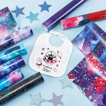 Tintnut Galaxy Heat Transfer Vinyl - 10 Sheets Bundle 10x12 Inch Stardust Starry Sky Background HTV Iron on Vinyl Watercolor Clouds Patterned for DIY T-Shirts Hats Coats Handbags Pillow Crafts - color: Galaxy-10
