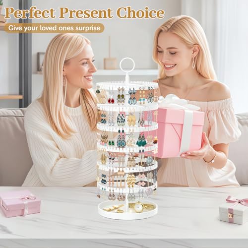 MODOWEY 6 Tier Rotating Earring Holder Organizer Display Tree with Metal Tray, Adjustable Plastic Stand with 342 Slots for Stud Hoop Hanger, Large Capacity Storage Rack for Women Space-Saving, White - color: White