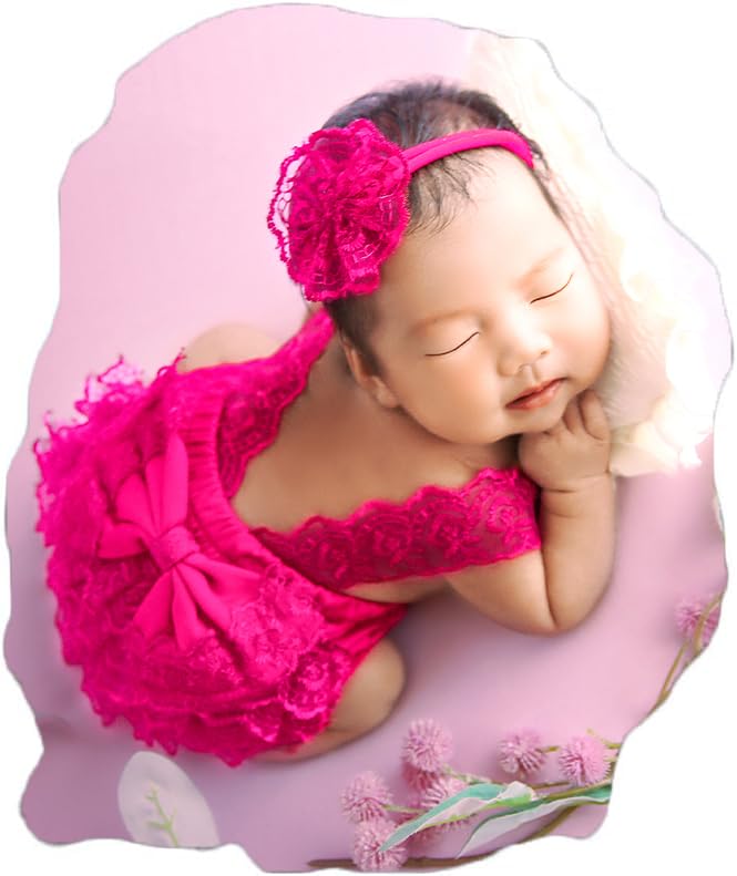 Ylsteed Newborn Photography Outfits - Lace Romper & Photo Props (Girls, Hot Pink) - color: Hot Pink