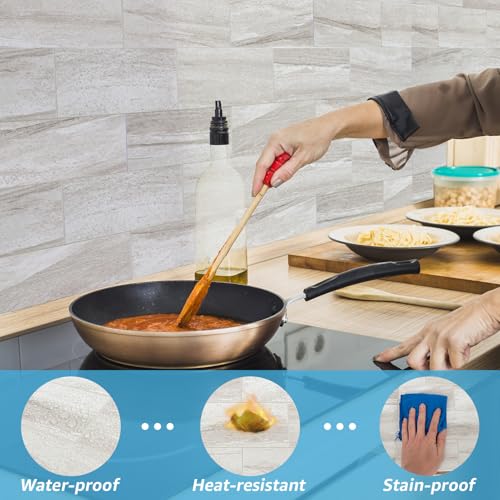 Art3d 102-Piece Faux Stone Peel and Stick Backsplash Tile, Waterproof Thick PVC Stick On Subway Wall Tile for Kitchen Bathroom Laundry Room Fireplace - 3" x 6" Biege Marble - color: Biege Marble