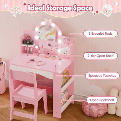 MU Kids Vanity with Lights, Princess Makeup Vanity Table and Chair Set for Girls, Toddler Vanity Desk with Open Bookshelf, Storage Cabinet & Shelves, Stools, Pink - color: Pink