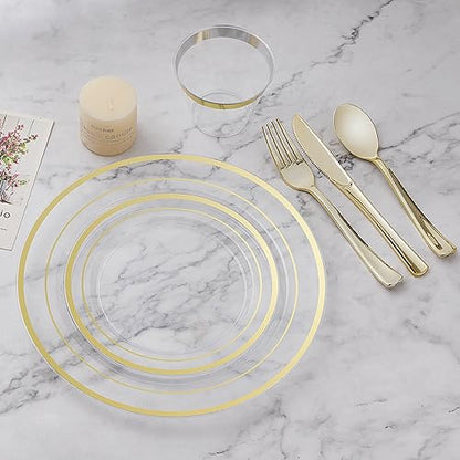 BESTVIP 50PCS Clear Gold Plastic Plates, 10.25 Inch Disposable Dinner Plate Party with Gold Rim, Heavy Duty Disposable Plastic Plates for Christmas, Thanksgiving, Party, Wedding and Birthday - color: Clear Gold, size: 50PC