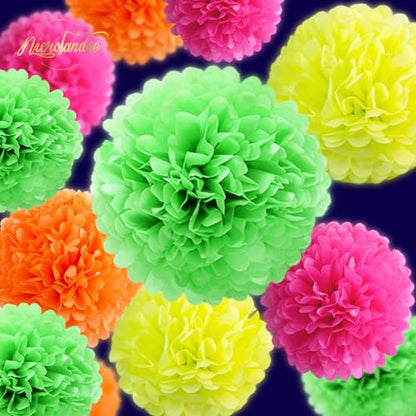 NICROLANDEE Blacklight Party Decorations - 12 PCS Fluorescent Neon Tissue Paper Pom Poms for Birthday, Wedding, Baby Shower, Glow-in-The-Dark, Neon, Prom Dance Party Photography - style: Neon