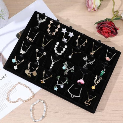 Lemecima 2pcs 24 Grids Stackable Jewelry Tray Organizer with Removable Dividers, Velvet Jewelry Display Tray for Earrings Necklaces Bracelet Rings Display Showcase - Black