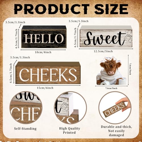 Moucuny 4 Pcs Bathroom Shelf Decor Highland Cow Farmhouse Bathroom Decor and Accessories Rustic Eucalyptus Leaves Hello Sweet Cheeks Highland Cow Sign Western Table Centerpiece for Home Office Toilet - style: Bathroom Highland Cow