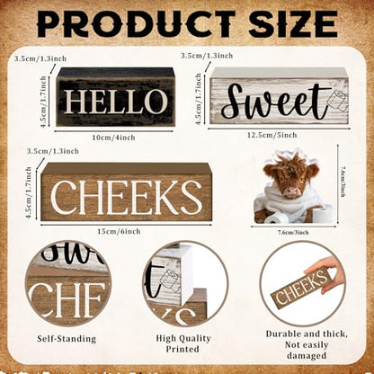 Moucuny 4 Pcs Bathroom Shelf Decor Highland Cow Farmhouse Bathroom Decor and Accessories Rustic Eucalyptus Leaves Hello Sweet Cheeks Highland Cow Sign Western Table Centerpiece for Home Office Toilet - style: Bathroom Highland Cow