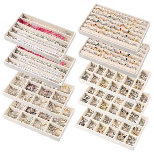 9 Pcs Stackable Jewelry Organizer Trays Velvet Jewelry Organizer for Drawer Adjustable Earring Necklace Ring Bracelet Display Storage Case, Beige