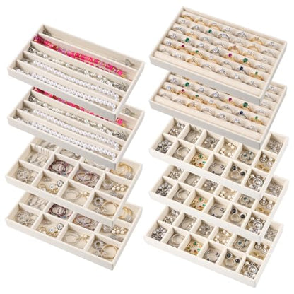 9 Pcs Stackable Jewelry Organizer Trays Velvet Jewelry Organizer for Drawer Adjustable Earring Necklace Ring Bracelet Display Storage Case, Beige