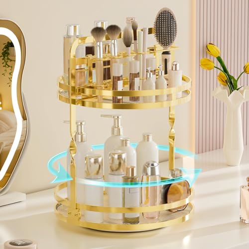360 Rotating Makeup Organizer Vanity, Gold Perfume Organizer for Dresser, 2 Tier Bathroom Organizer Countertop, Lazy Susan Spinning Perfume Stand for Women, Skincare Storage with Brush Holder - color: Upgraded-Gold