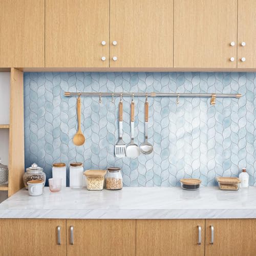 Tilingview 10-Sheet Peel and Stick Backsplash Tile for Kitchen, Self-Adhesive Mosaic Glossy Leaf Stick on Wall Tile with Gaps (Pastel Blue) - color: Leaf Gaps Pastel Blue