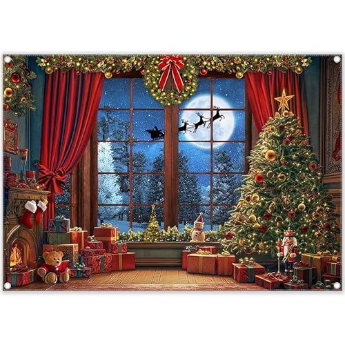 Fabric 7x5ft Christmas Window Photography Backdrop Winter Merry Xmas Tree Background Night Snow Party Decoration Holiday Photo Banner Props - size: 7'x5'