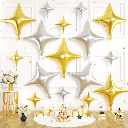 Gold Silver Star Balloons, 16 PCS Silver Four Angle Star Foil Balloons, 26 Inch and 10 Inch Gold Stars Shaped Balloon for Graduation Birthday Baby Shower Anniversary Retirement Party Decorations - color: Gold Silver