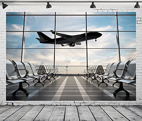 10x8ft Polyester Fabric Airport Terminal Backdrop Airplane Departure Lounge Window Photography Background Plane Party Decorations Pilot Birthday Banner Travel Theme Video Photo Shoot Props - size: 10x8FT