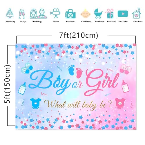 7X5FT Gender Reveal Boy Or Girl Photo Backdrop He Or She What Will Baby Be Blue Pink Footprints Glitter Dots Star Party Decorations Photography Background Polyester - size: 7x5 FT