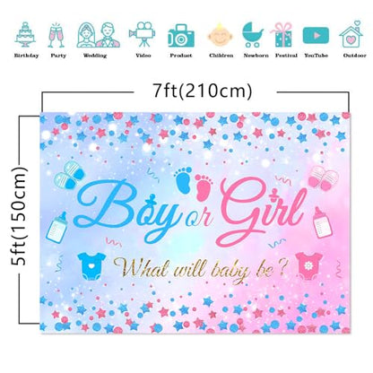 7X5FT Gender Reveal Boy Or Girl Photo Backdrop He Or She What Will Baby Be Blue Pink Footprints Glitter Dots Star Party Decorations Photography Background Polyester - size: 7x5 FT