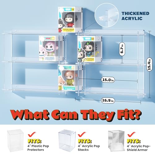 WINKINE Floating Display Shelves Compatible with 21 Funko Pop in Box, Acrylic Shelves for Wall, Clear Figures Display Case for Boxed Characters, Stackable Collectibles Figure Stand, 2 Pack (Clear)