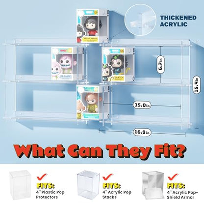 WINKINE Floating Display Shelves Compatible with 21 Funko Pop in Box, Acrylic Shelves for Wall, Clear Figures Display Case for Boxed Characters, Stackable Collectibles Figure Stand, 2 Pack (Clear)