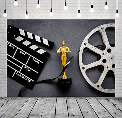 BELECO 5x3ft Fabric Movie Theme Backdrop for Photography Golden Movie Award Statue with Film Reel Video Tape and Clapper Board Background for Movie Night Theme Party Decorations Portrait Photo Props - size: 5x3FT