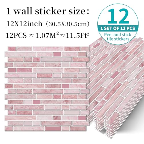 VICCI 12-Sheet Peel & Stick Tile Backsplash 12" x 12", Stick-On Wall Tiles for Kitchen, Bathroom & Laundry Room (Pink Marble Style) - color: Spt-106, size: 12 x 12 inch (Marble style)