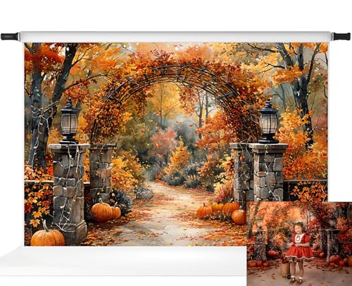 Kate Autumn Stone Arch Backdrops Pumpkin Photo Backdrop Fall Leaves Scenery Photography Backdrops for Seasonal Party Photo Studio Props, 10x6.5ft - size: 10x6.5ft