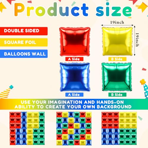36 Pcs Brothers Birthday Decorations Balloons Brick Square Foil Balloons Wall Backdrop Arch Kit Double Sided Metallic for Cartoon Video Game Party Supplies(Red Green Blue Yellow) - color: Red Green Blue Yellow, style: Super Bros