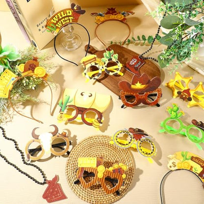 36 Pcs Western Party Favors Cowboy Felt Headband Eyeglasses Beaded Necklaces Wild West Cowgirl Costume Accessories for Western Themed Party Decorations Rodeo Photo Props Supplies - style: Classic