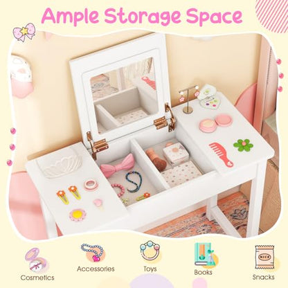 Costzon Kids Vanity, 2 in 1 Girls Vanity Set with Flip Top Mirror, Hidden Storage Space, Wooden Toddler Makeup Vanity Desk Dressing Table, Kids Vanity Table and Chair Set (White) - style: White with Flip Top Mirror