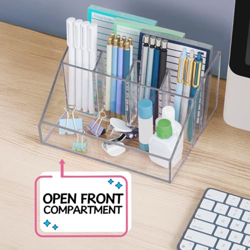 STORi Chloe Clear Plastic Stackable Desk Organizer, Rectangular 6-Compartment Office Supply Holder for Pens, Markers & Notepads, Made in USA - style: Organizer Top