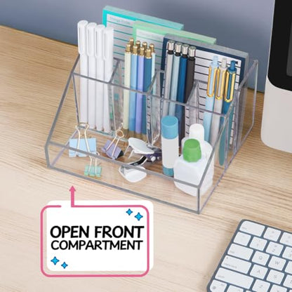 STORi Chloe Clear Plastic Stackable Desk Organizer, Rectangular 6-Compartment Office Supply Holder for Pens, Markers & Notepads, Made in USA - style: Organizer Top