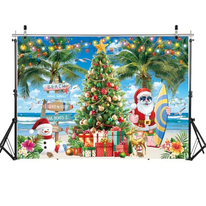 July Christmas Backdrop Summer Beach Santa Claus Christmas Tree Photography Background 8x6FT Tropical Hawaiian Xmas Party Decorations Supplies Photo Props - size: 8x6FT: 96x72 inch
