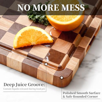 WILLKOMMEN Checkered Cutting Board for Kitchen– Wood Checkerboard End Grain Chopping Board 1" Thick Butcher Block with Juice Groove & Handle, Reversible for Cooking and Serving (Rectangular) - style: Rectangle Checkerboard-1 pack