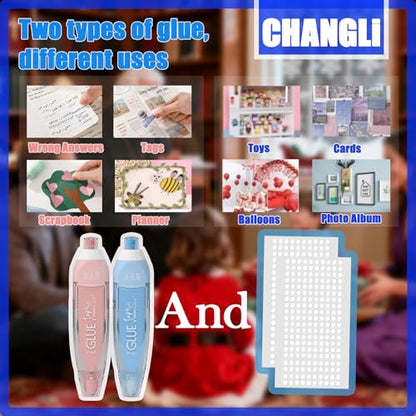 CHANGLi 6pack Refillable Scrapbook Glue Tape, 400pcs Power Glue Points, 16FT*1/5 Inch Double Sided Tape for Crafts, Replacement Glue Tapes, Reusable Glue Tape for Gift Wrapping, Photo - color: Blue Red
