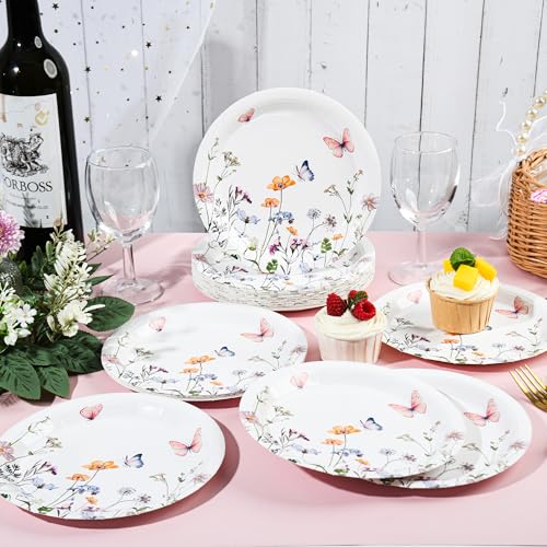 AimFun 24 Pcs Wildflower Paper Plates Watercolor Floral Disposable Party Dessert Plate 7" Rustic Botanical Butterflies Plates for Spring Summer Bridal Baby Shower Tea Party Supplies
