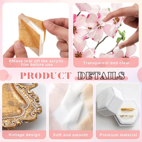 Cinnvoice 20 Piece Flat Lay Photography Props Set for Jewelry & Wedding Details, Vintage Jewelry Tray, Acrylic Display Blocks, Velvet Ring Box & Styling Fabrics