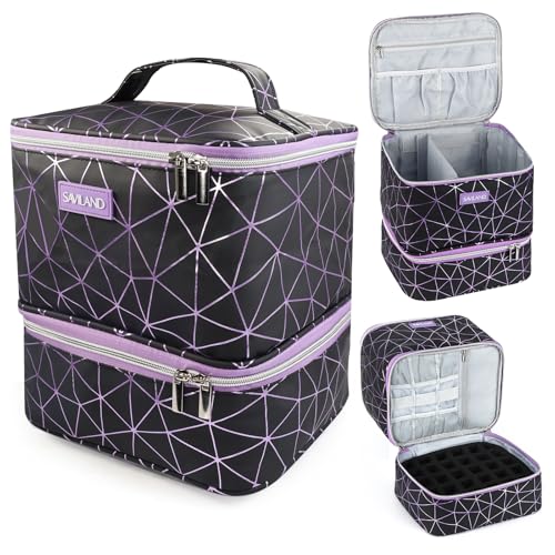 SAVILAND Nail Polish Organizer Bag: PU Leather Nail Kit Organizer Holds 30 Bottles & Nail Lamp, Black Nail Supply Organizer Nail Polish Carrying Case Gel Nail Organizers and Storage Box for Nail Tech - color: Black