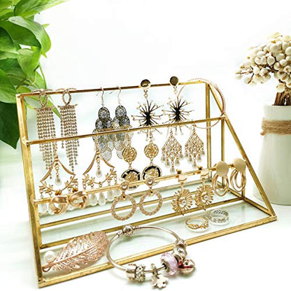 Yamfurvo 3-Tier Glass Triangular Prism Shaped Home or Retail Display Showcases, Jewelry Display Stands with Vintage Style Brass Tone Metal Frame (Large)