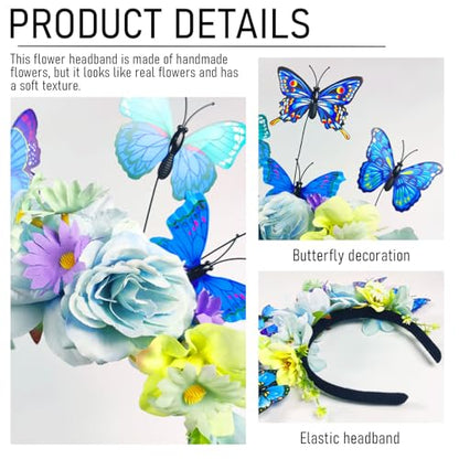 Butterfly Flower Crown Headband, Flower Headbands Floral Hair Bands, Fashion Accessories for Women Photo Props
