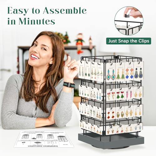 EsLuker.ly Rotating Earring Display Holder Stand for Vendors Events Selling, Large Capacity 64 Hooks Jewelry Rack with Wooden Base for Earring Card Sales, Enhances Retail Visibility(Dark Grey) - color: Dark Grey+Black