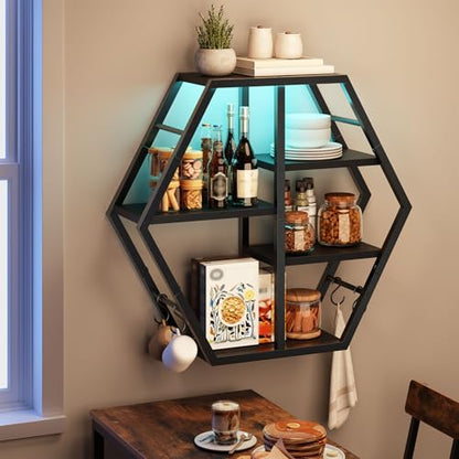 HOOBRO Gaming Floating Shelves with LED Lights, Gaming Wall Mounted Shelf, Hexagonal Display Rack for Wall Storage, Floating Rack with 4 S-Hooks, for Gaming Room, Black BB76DBJ01