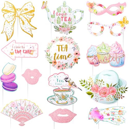 Mity rain 14 Pcs Tea Party Decorations, Alice in Wonderland Party Decorations Party Photo Booth Props Party Decor Supplies for Tea/Birthday/Shower/Holiday Parties - style: Photo Booth