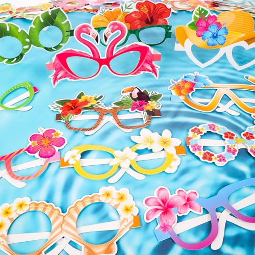 HOWAF 24pcs Hawaii Paper Glasses,Luau Party Eyeglasses Photo Booth Props Kit for Summer Tropical Party Favors,Hibiscus Flower Glasses for Beach Party Decor Eyewear,Aloha Tropical Flower Photo Glasses