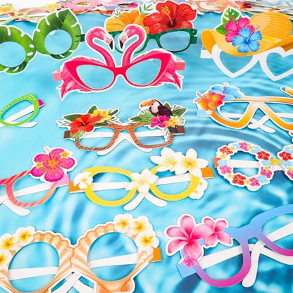HOWAF 24pcs Hawaii Paper Glasses,Luau Party Eyeglasses Photo Booth Props Kit for Summer Tropical Party Favors,Hibiscus Flower Glasses for Beach Party Decor Eyewear,Aloha Tropical Flower Photo Glasses